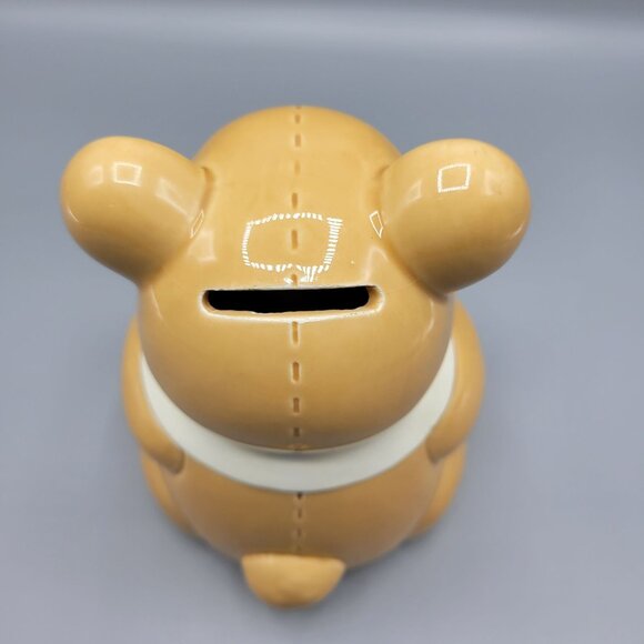 Vintage Lefton Geo Z. Teddy Bear Money Bank Light Brown Blue Bow Ceramic - Picture 9 of 13